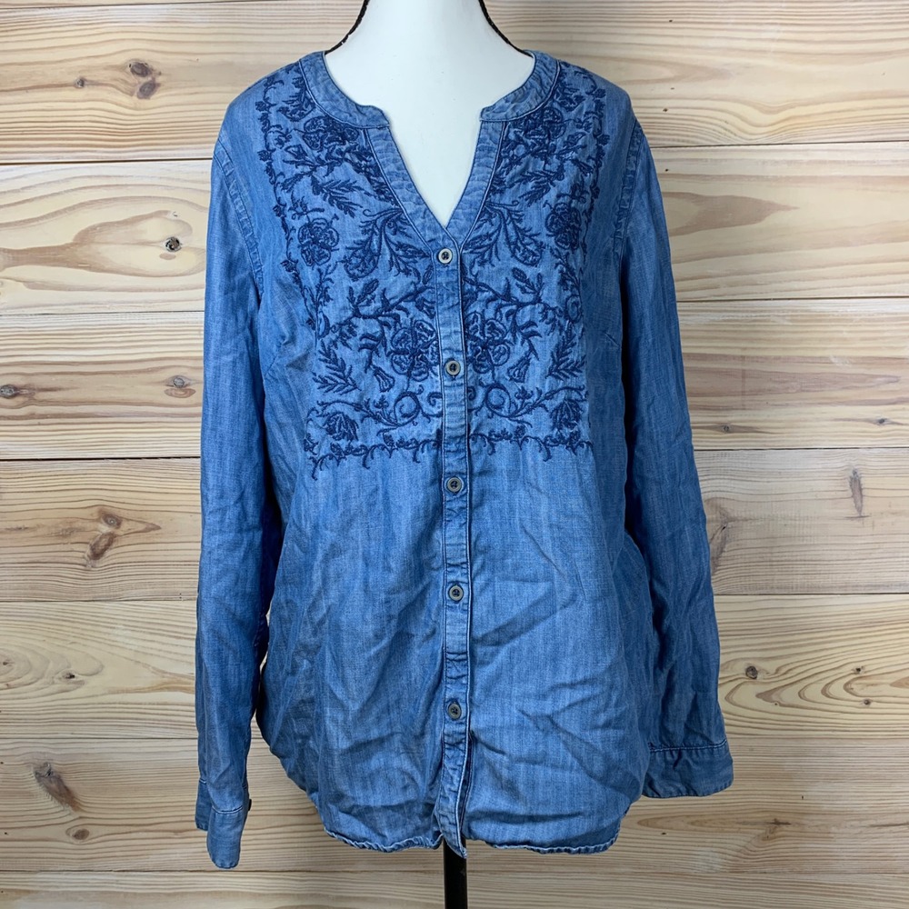 Bob Timberlake Blouse Women Large Blue Embroidered Denim Chambray Top Boho